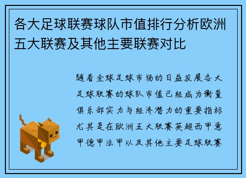 各大足球联赛球队市值排行分析欧洲五大联赛及其他主要联赛对比