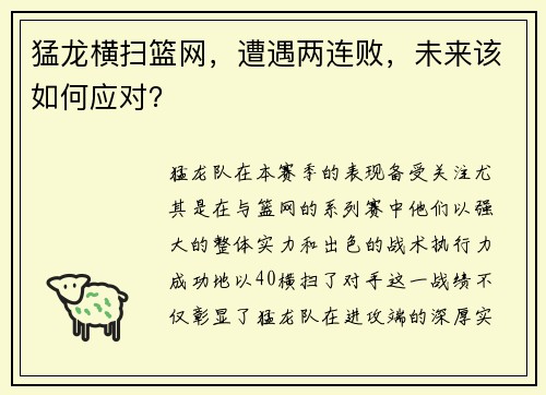 猛龙横扫篮网，遭遇两连败，未来该如何应对？